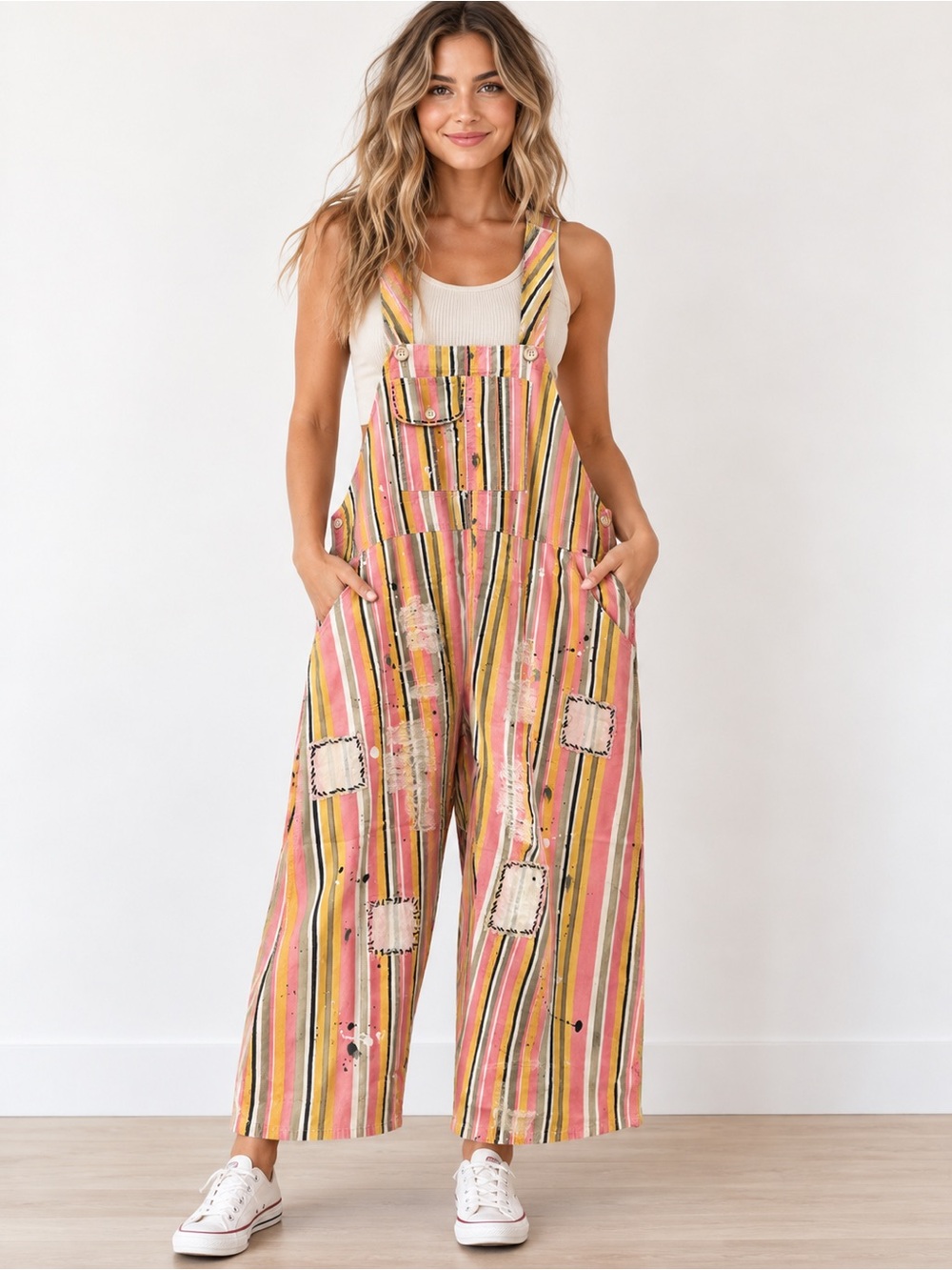 Jaded Gypsy Endless Travelers Striped Patchwork Overalls O/S Boho